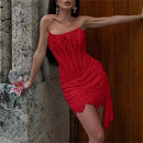 Women Strapless Bandage Backless Floral Lace Corset Tube Dress Sleeveless Off Shoulder Ruched Mesh Bodycon Mini Dress