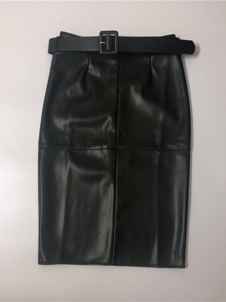 REALEFT Stylish PU Leather Wrap Midi Skirts with Belt Autumn Winter 2022 New Women High Waist Sheath Pencil Back Split Skirts