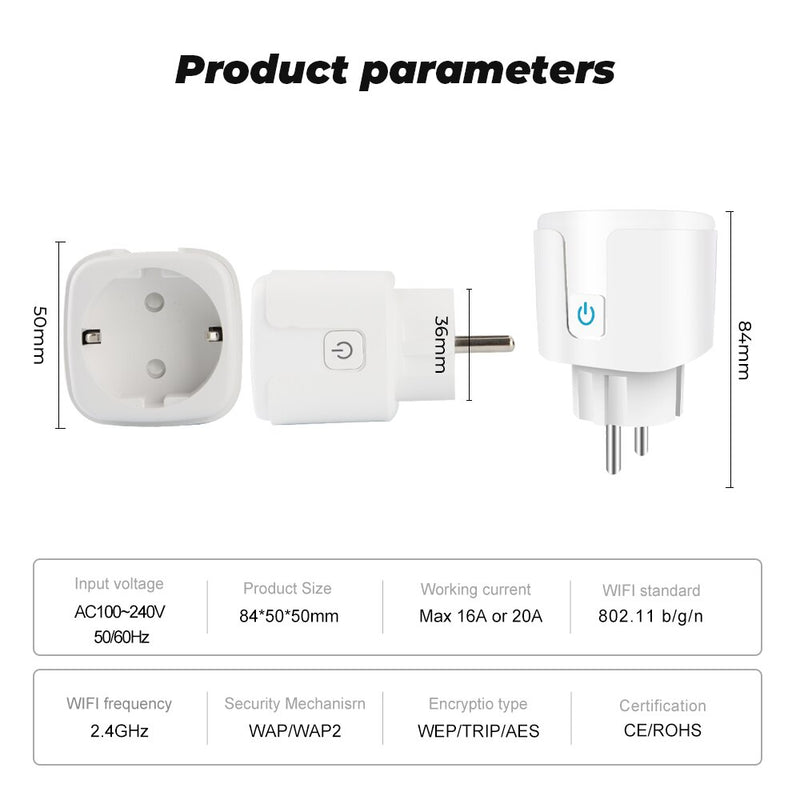 SMATRUL 20A Tuya WiFi EU Smart Plug Outlet 220V Power Monitor Wireless Socket Remote Timer Control For Google Home Alexa