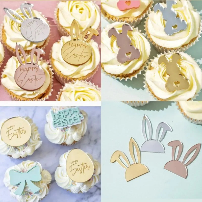 10Pcs Happy Easter Bunny Egg Cake Toppers Acrylic Gold Silver Rabbit Shaped Cupcake Toppers for Easter Party Dessert Decorations