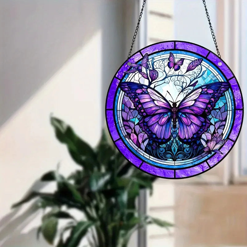 Purple Blue Butterfly Faux Stained Glass Door Hanger WindowHanging Pendant Suncatcher Window Decor GardenLiving Room Decor