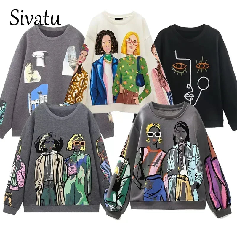 Sivatu TRAF Women Sweatshirts 2023 New Fashion Beauty Girls Print Casual Sweatshirts Female O Neck Hoodies Chic Pullovers Tops