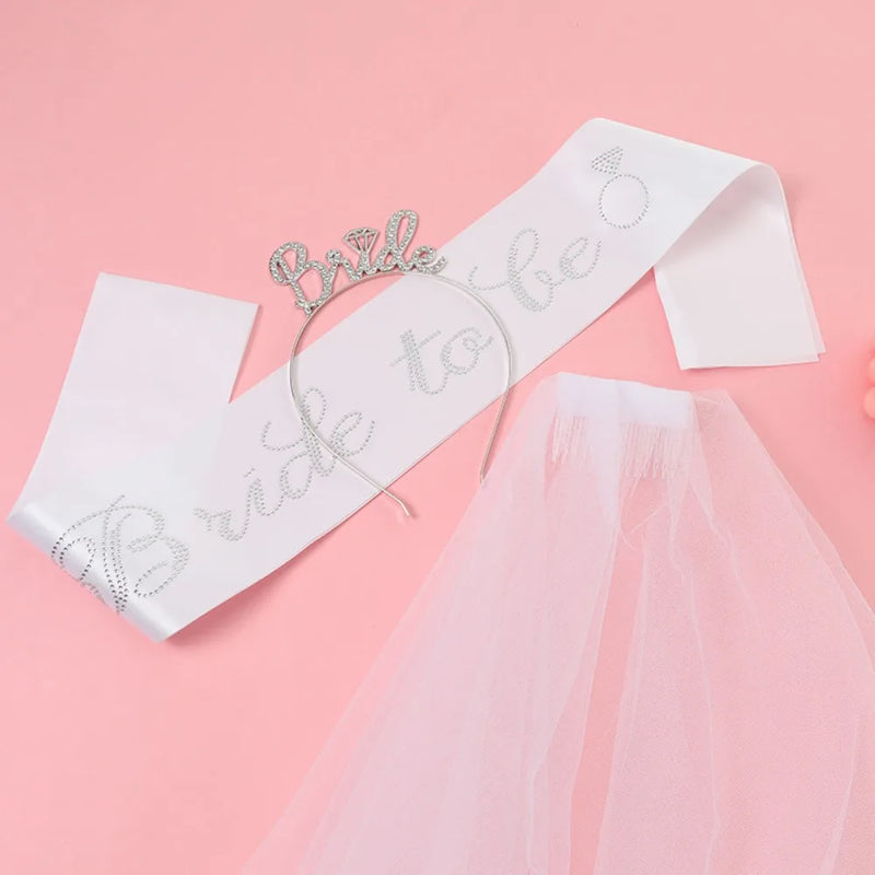 3pcs Wedding Engagement Party Bridal Shower Decorations Supplies Bride To Be Tiara Crown Sash Veil Set Bachelorette Party Favors