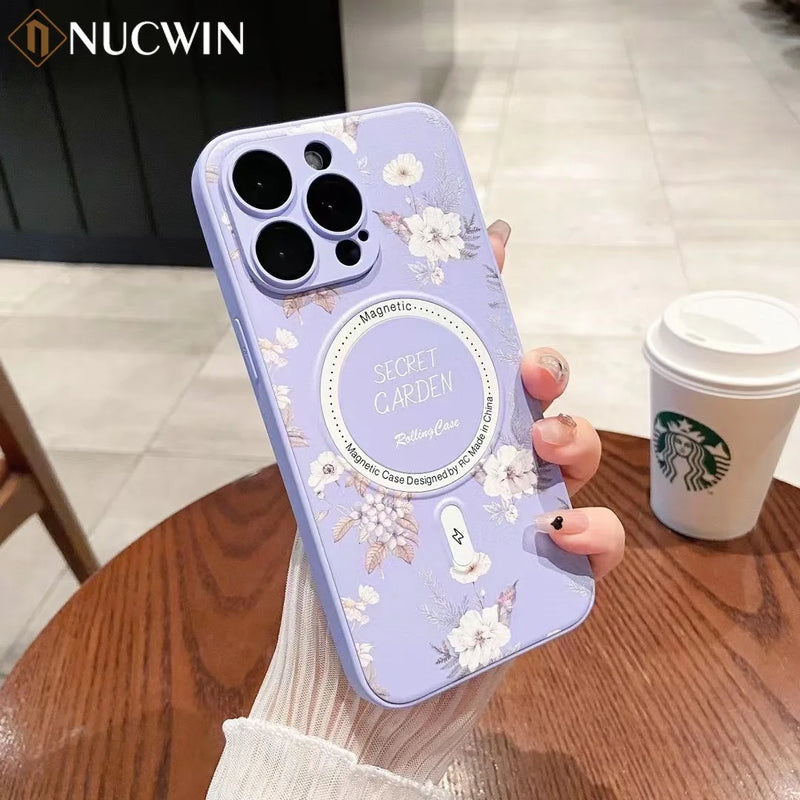 Flower Printing Magnetic Suction Applicable iPhone 15 Lens Film Phone Case iPhone iPhone 11 13 12 14 15Pro Max Wireless Charging