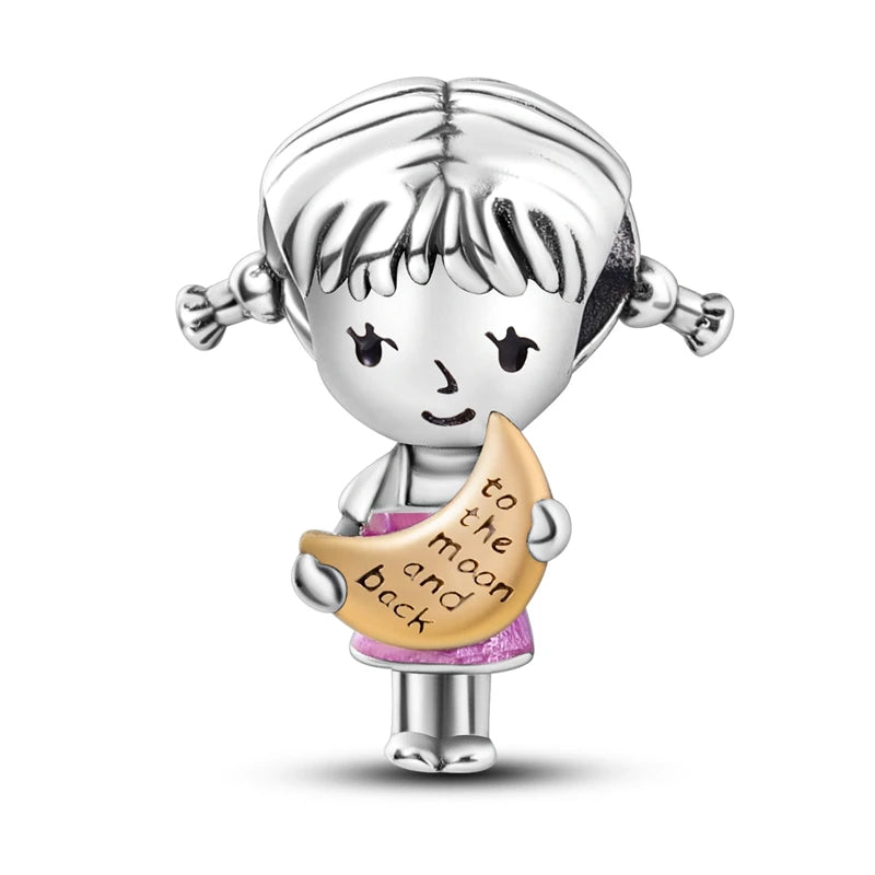 Silver Plated Boy Girl Couple Lovers Beads Charms Zirconium Dangle Fit Original Pandora Bracelet Necklace Jewelry Women