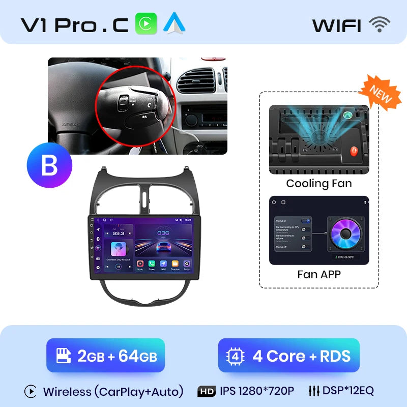 Junsun V1 Wireless CarPlay AndroidAuto Radio For Peugeot 206 206CC 206SW 2001-2008 4G Car Intelligent Systems 2Din Autoradio GPS