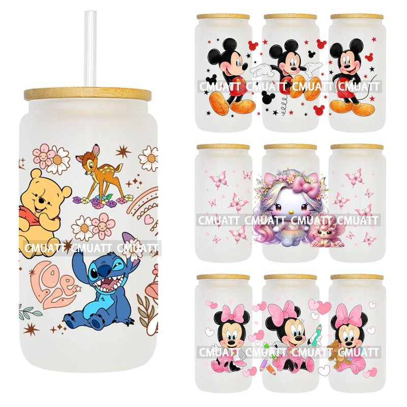 Pink Cartoon Cat With Butterflies 16OZ UV DTF Cup Wrap Transfer Sticker Custom Label DIY Waterproof Logo For Libbey Glass Can