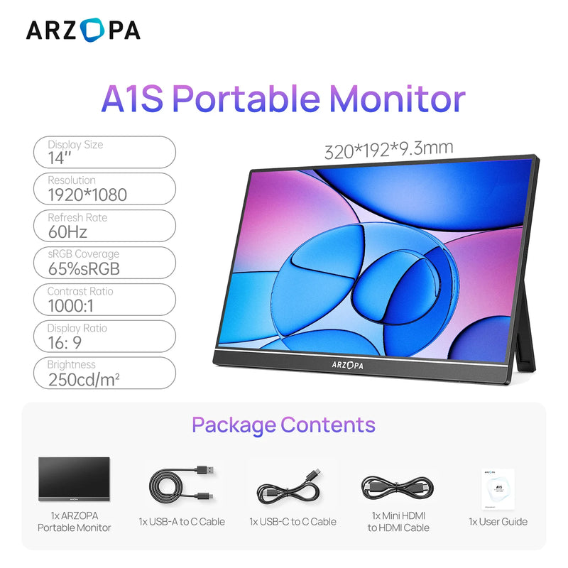 ARZOPA 14.0 inch 1080P FHD Portable Monitor IPS Screen with USB C HDMI External Second Display for Mac,Laptop,PC,Switch,PS,Xbox