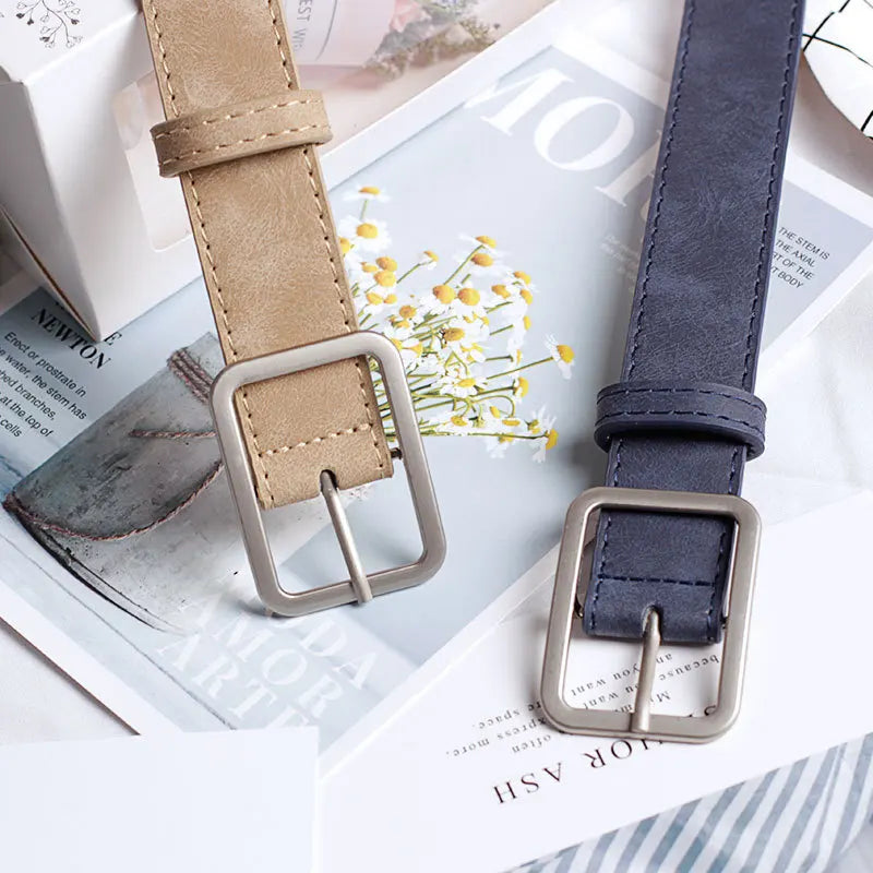 Fashion Square Pin Buckles Belts Women Silver Buckle Leather Belts for Jeans Retro Wild Belts for Women Waistbands Student Strap