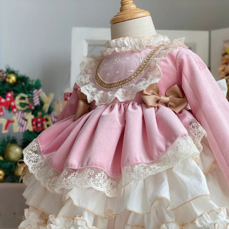 Girl Baby Party Dress New Spanish Vintage Lolita Prom Lace Puffy Dress Christmas Party Easter Princess Dress Gift Socks