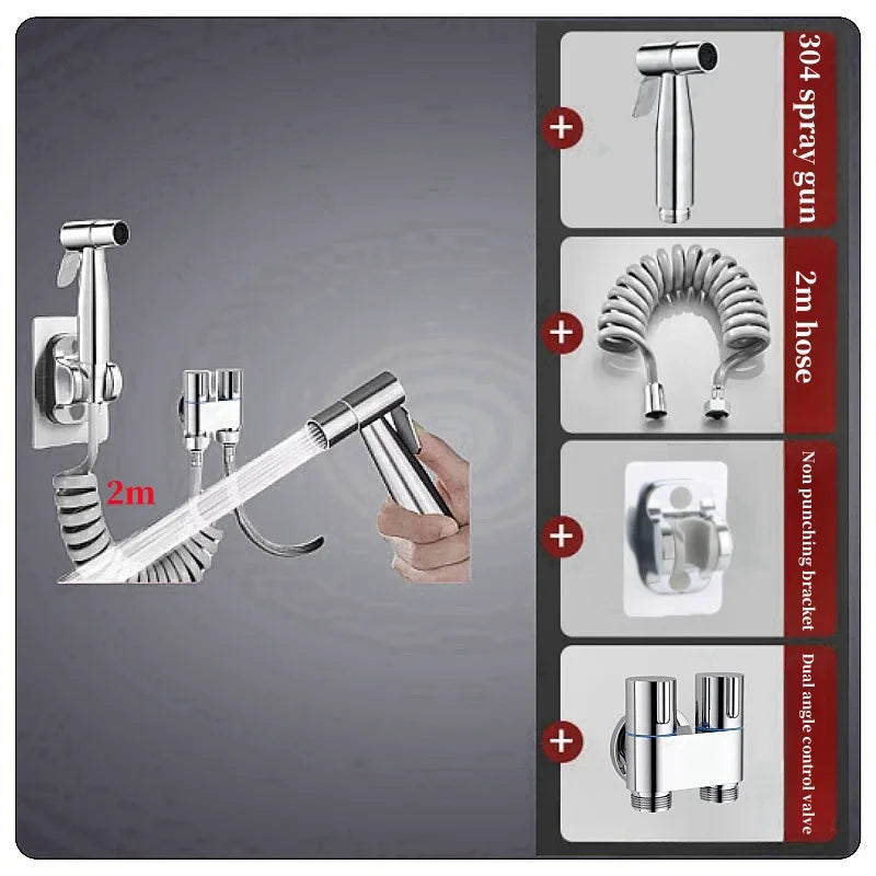 Handheld 304 Bidet Sprayer for Toilet, Bathroom Bidet Attachment with 1-In-2-Out Dual Control Valve, Retractable Spring Hose