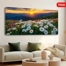 1.5 inch thick pine solid wood frame, mountain view mural,sunrise natural landscape lake view art frame, flower pattern painting