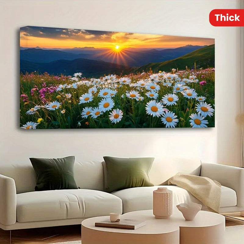 1.5 inch thick pine solid wood frame, mountain view mural,sunrise natural landscape lake view art frame, flower pattern painting