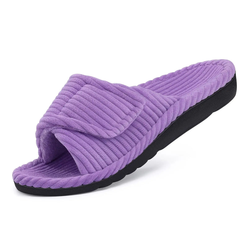 Comwarm Orthopedic House Slippers For Women Adjustable Indoor Slippers Fashion Open Toe Corduroy Bedroom Slides Fur Cotton Shoes