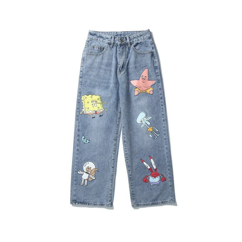 Men and Women Straight Loose Autumn Korean Style Cartoon Printed Jeans Pants Street Hip-hop Handsome Nine-point Pants Fashion