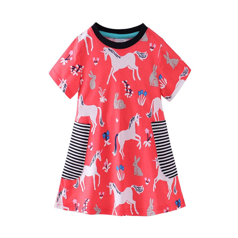 Jumping Meters Summer Cotton Baby Girls Dresses With Dinosaurs Print Pockets Children&