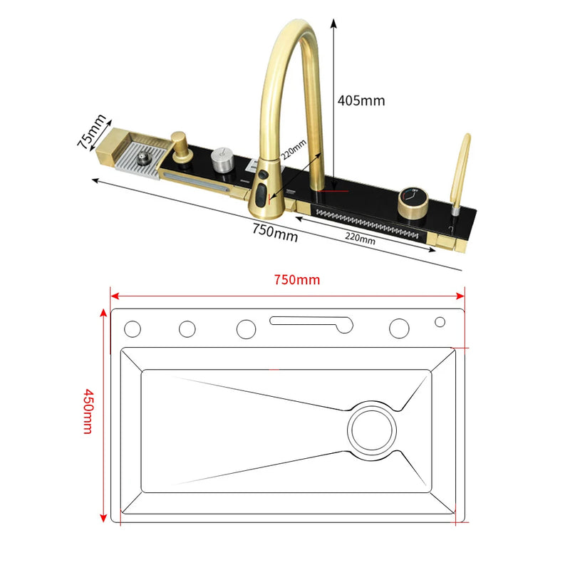 Gold Multifunctional Kitchen Waterfall Sink Digital Display Large Single Sink Dish Basin Sink 304 Stainless Steel