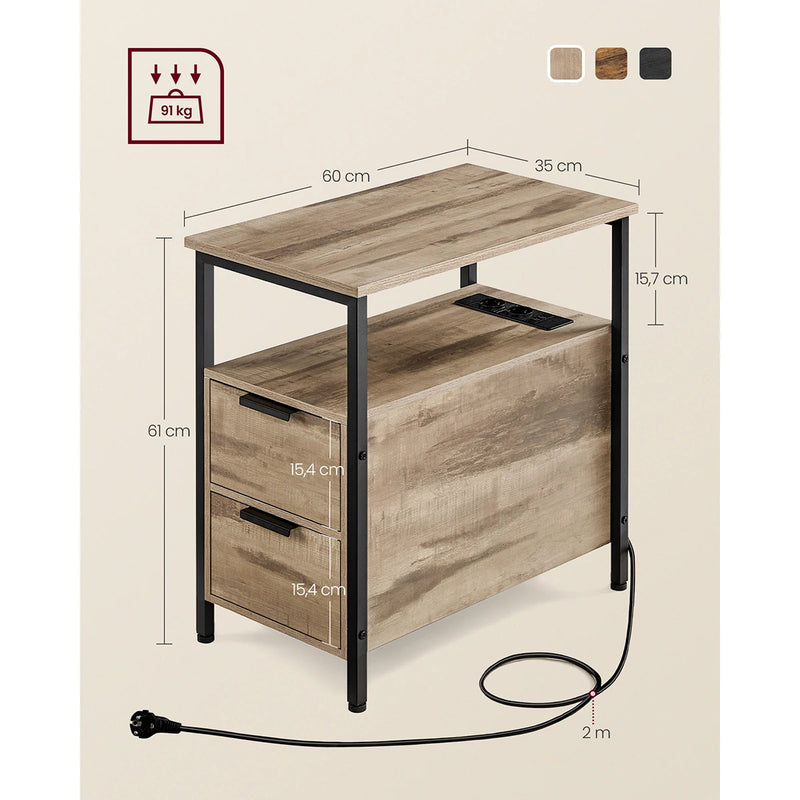 Table d'Appoint - VASAGLE - Marron Camel et Noir d'Encre - Multiprise et Rangement