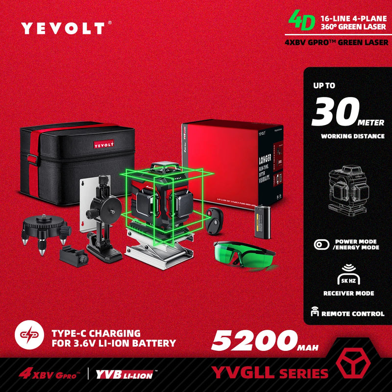 YEVOLT Laser Level Green Beam 4-Plane 16-Line Self-leveling 360 3D Ground-Hugging Horizontal & Vertical Tile Measuring Tools