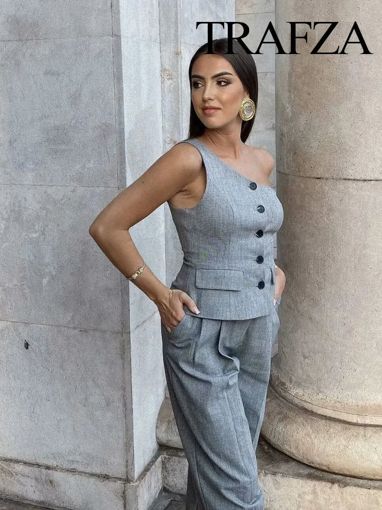 TRAFZA New Fashion Female Sets Summer Casual Women Asymmetrical Vest Sleeveless Short Tank Tops Solid Mid Waist Vintage Pants