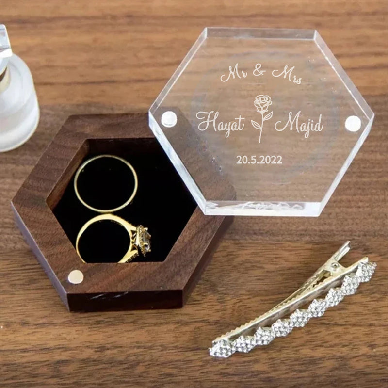 Personalized Engraved Wedding Ring Box, Proposal Gift Acrylic Cover and Wood Base Custom Rings, Engagement Wedding Decorations