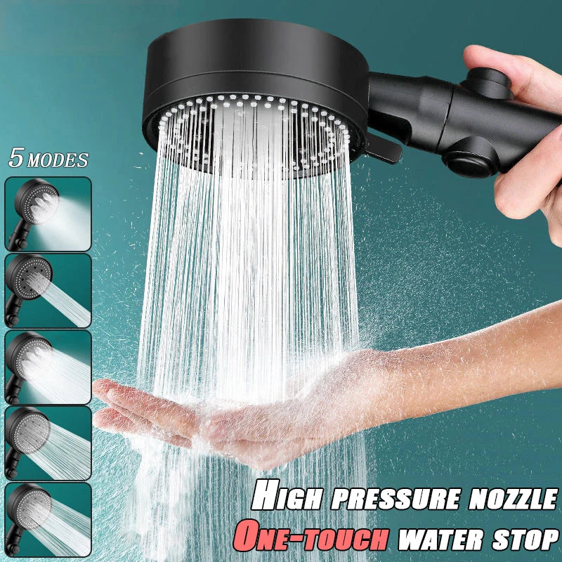 High-pressure Shower Head Set 5 Modes of Adjustment Showerhead with Hose Water-saving One-touch Stop Bathroom Accessories