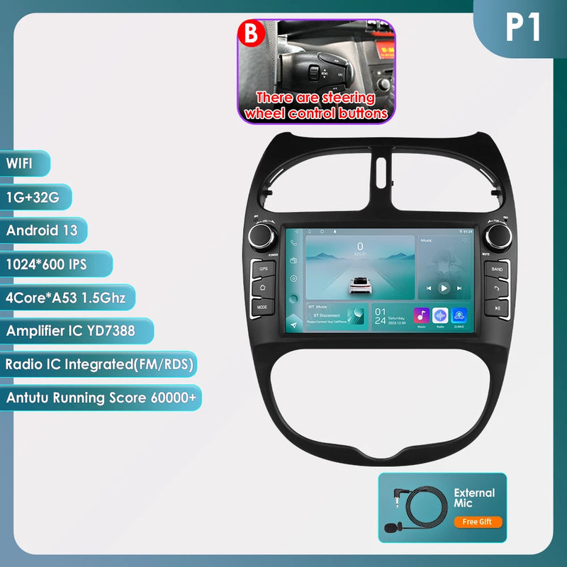 Hizpo 2Din 7inch Android Car Radio for Peugeot 206 206CC 206SW 2000 - 2008 Multimedia 4G BT Auto CarPlay GPS RDS DSP Stereo