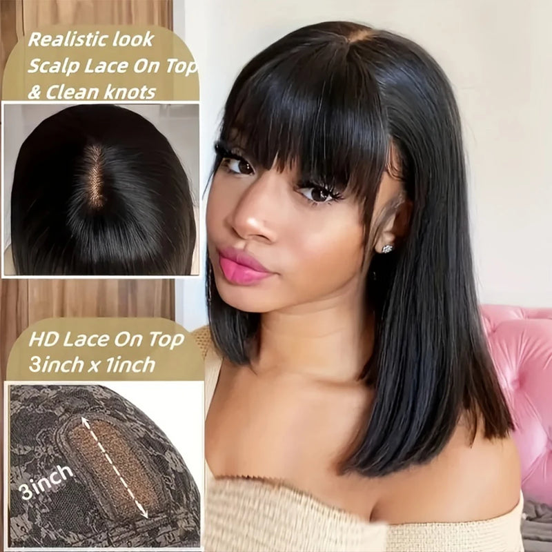 Choice Short Bob Wig Bone Straight 100% Human Hair With Bangs  3x1 Lace Middle Part Wigs For Black Women Bob Wigs