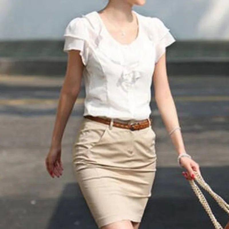 New Arrival 2024 Chiffon Short Sleeve Female Blouse Shirt Fashion Ruffles Ladies White Black Office Blouses Women Clothes