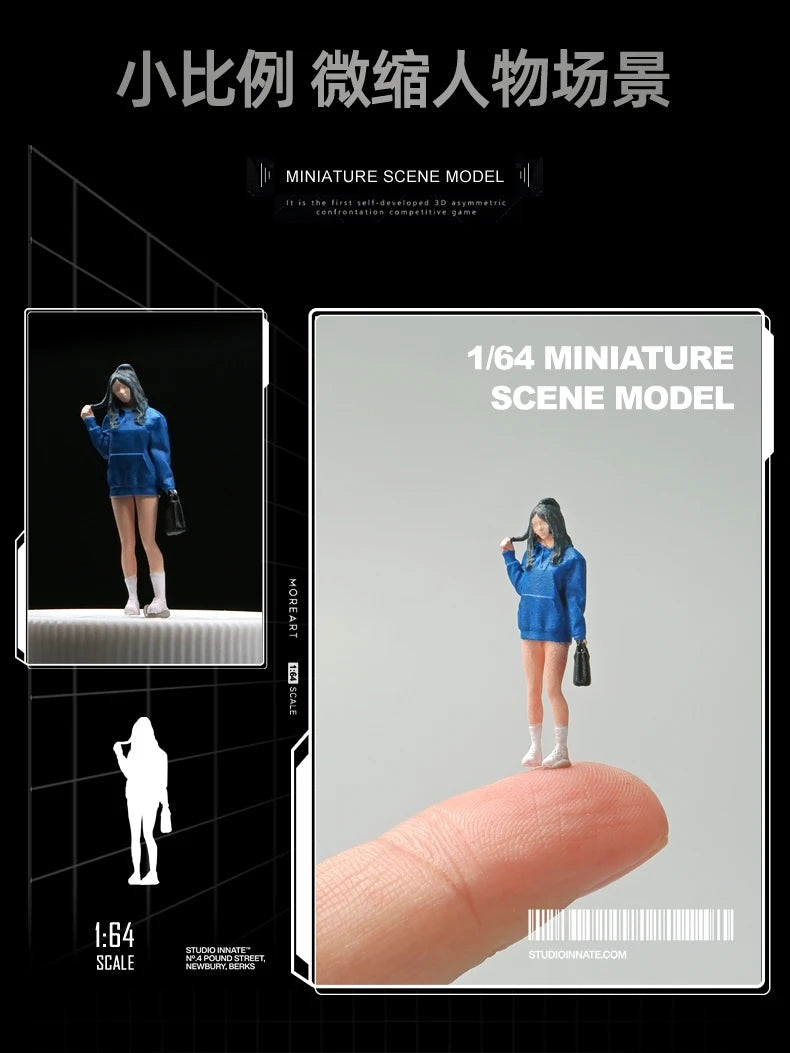 Resin Handmade Painted 1/64 Girl in Blue Hoodie Miniature Figure Model Props DIY Creative Photography Display Collection