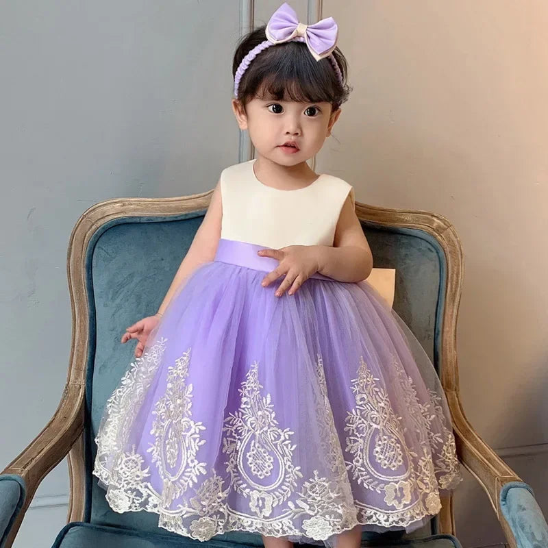 New Summer Baby Girls Party Dress Lace Sleeveless Floral Girl Bow Cake Dresses for Weddings Kids Children Clothes E7839