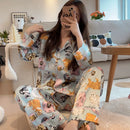 Cute Cat Print Pajamas Women's Spring Summer Ice Silk Slippery Short Sleeved Shorts Home Clothing Two Piece Set Sleepwear