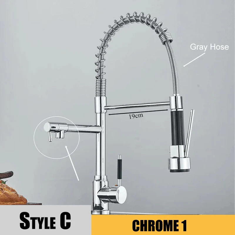 Nickel Kitchen Sink Faucet Pull Down Hot and Cold Water Mixer2 Mode Tap with Dual Spout 360 Rotation Flexible Deck Mounted