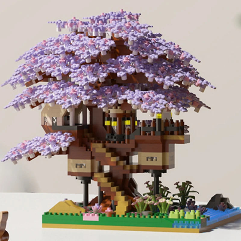 DIY Purple Romantic Cherry Blossom Flower Pink Tree House Train Assembly Building Blocks Classic Model Bricks Sets Kid