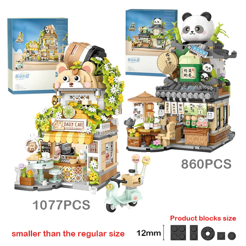 New Cute Little Bear Cafe Flower Shop Panda Tea House Mini Folding Building Block DIY Assembly Puzzle Toys For Kids Adults Gifts