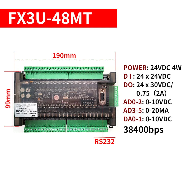 FX3U 48MR 48MT 24Input 24Output With RS232 RS485 38400bps Relay Transistor PLC Programmable Logic Controller 6AD 2DA