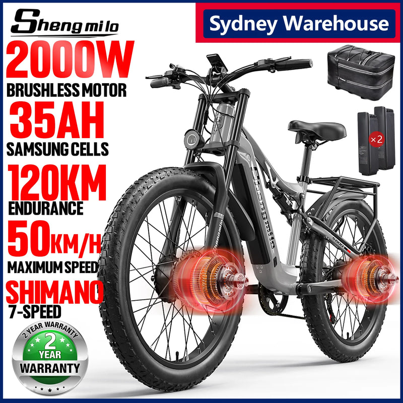Shengmilo S600 26 inches adult electric mountain bike, 2000W dual motor 48V 17AH ebike, dual suspension 7-speed electric bicycle