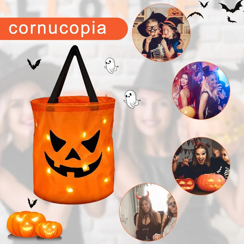 LED Light Halloween Trick or Treat Bucket Pumpkin Candy Bags Collapsible Halloween Basket for Thanksgiving Party Gift Basket