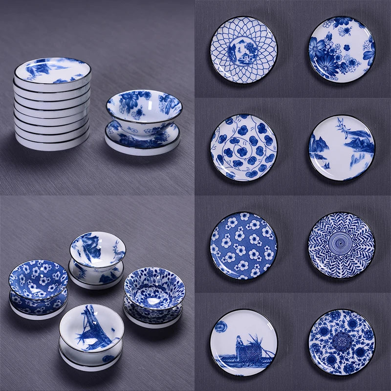 Blue and White Ceramic Tea Cup Mat Porcelain Teacup Pad Household Kung Fu Tea Set Accessory Japanese Coaster Insulating Mat