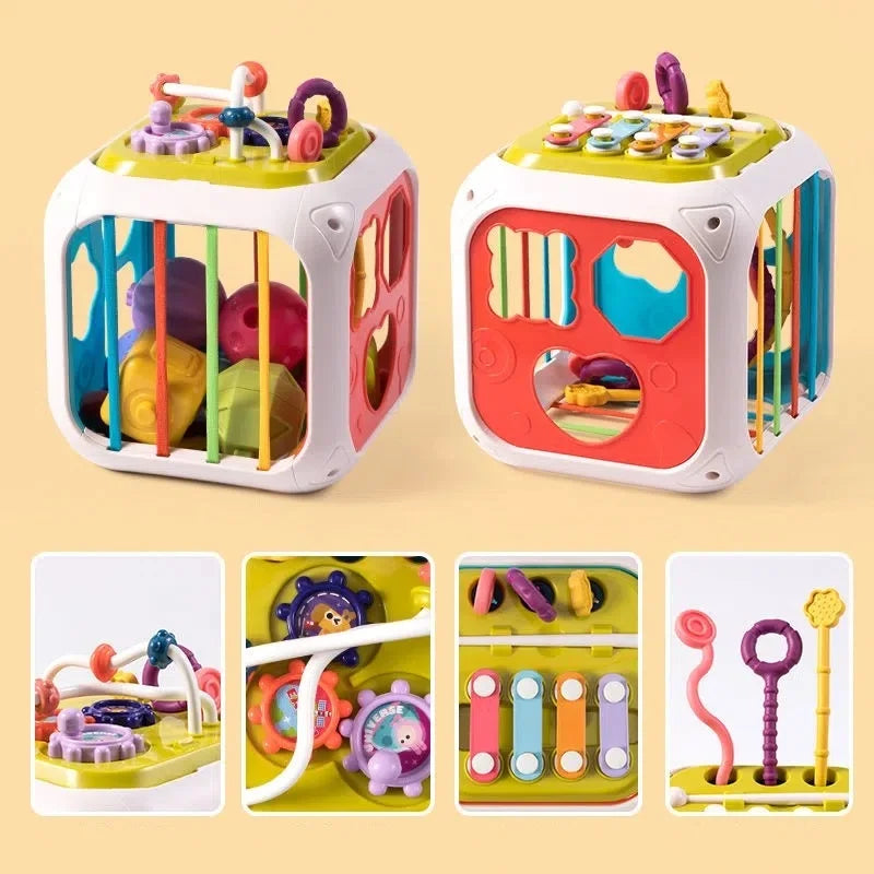Montessori Sensory Toys Baby Activity Cube Shape Sorter Pull String Toys Fine Motor Training Games Stacking Blocks Activity Cube