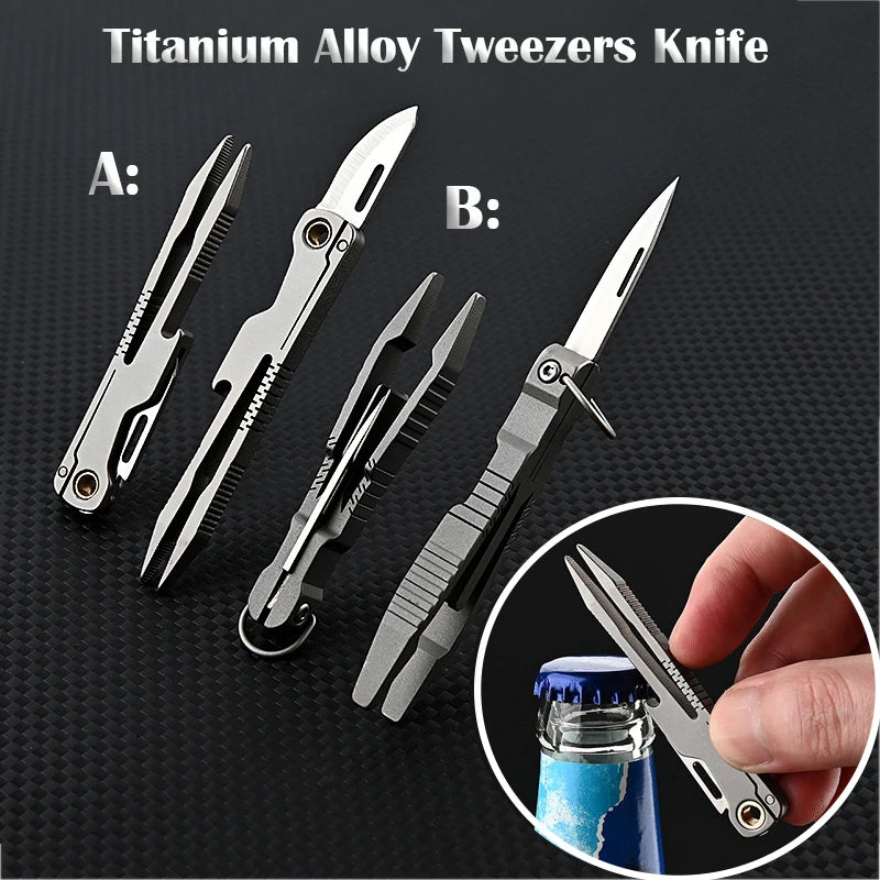 Titanium Alloy Tweezers With Knife D2 Steel Blade Outdoor EDC Portable Tool Flat Head Eyebrow Clip Repair Fixture Unpacking Tool