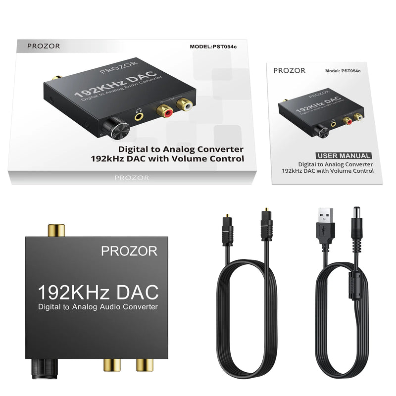 PROZOR Digital to Analog Converter 192kHz DAC Volume Control Digital Coaxial SPDIF Toslink to Analog Stereo RCA 3.5mm Jack Audio