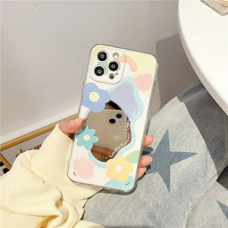 Cartoon Flower Mirror Make Up Case for iPhone 15 14 13 Pro Max 12 11 Camera Protection Shockproof Soft Cover for iPhone 15Pro