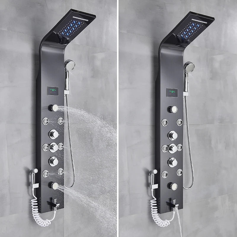 Black Bathroom Shower Panel SPA Massage Jet Shower Column LED Display Stainless Steel Shower System