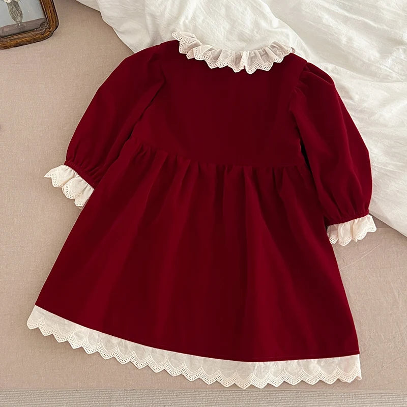 Christmas Party Dress Baby Girl Lace Princess Ruffle Satin Finish Dress Fashion Christmas Holiday Autumn Winter Wear Kids Girl