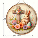 1 piece farmhouse style round wooden Easter bunny logo, 7.87 inch made wooden wreath with lilies and spring decoration, farmhous