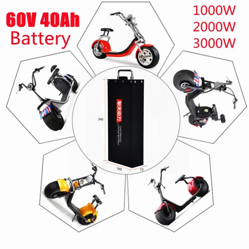 18650 21700 Rechargeable 60v 40Ah Li Ion Battery for 3000w 1500w Citycoco X7 X8 X9 Trolling Motor Lithium Battery + 3A Charger