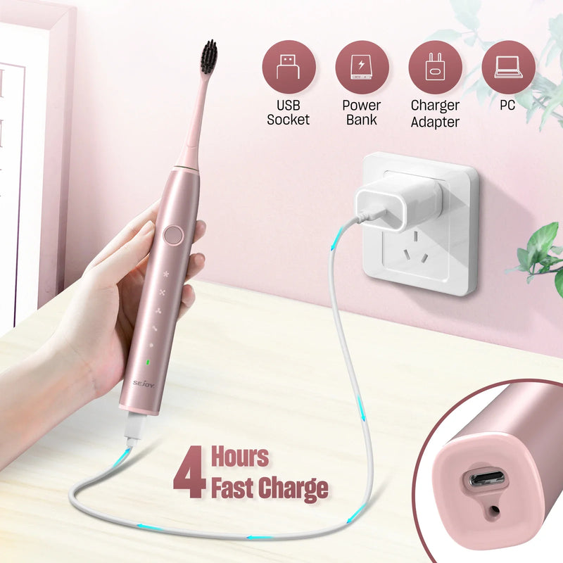 Sejoy Electric Toothbrush Tooth Brush USB Rechargeable Adult Ultrasonic Teeth Cleaning 8 Replacement Toothbrush Heads