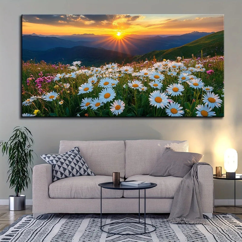 1.5 inch thick pine solid wood frame, mountain view mural,sunrise natural landscape lake view art frame, flower pattern painting