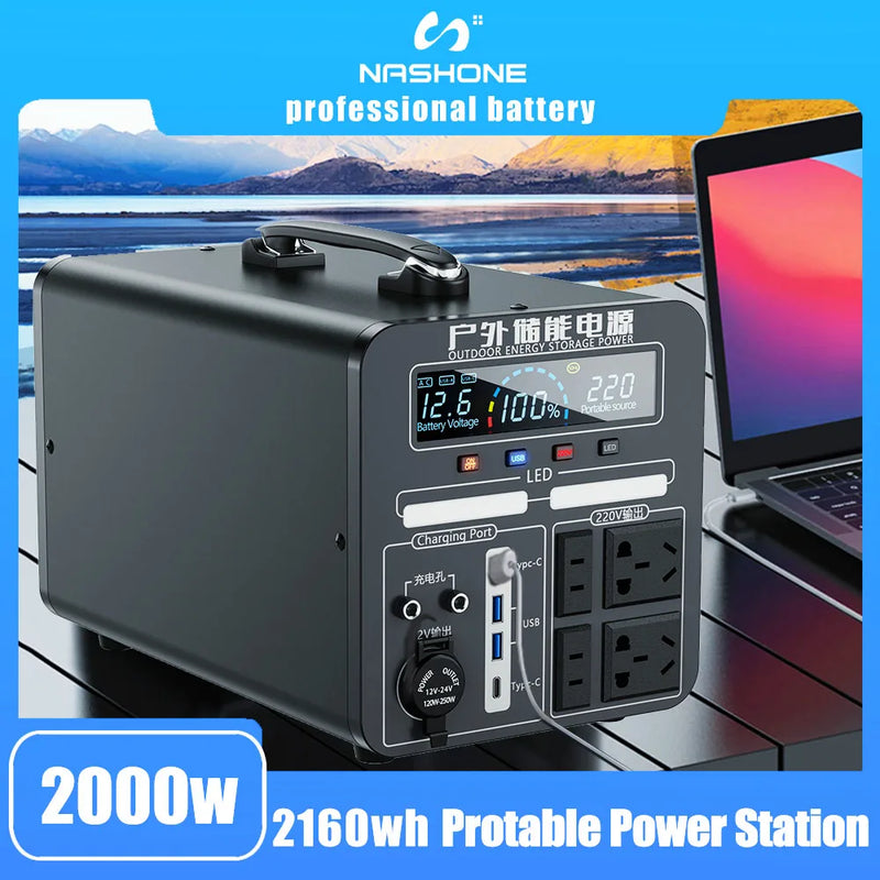 2000W Portable Power Station 220V Power Bank 60000Mah Camping External Battery Solar Power Banks Powerful 2160Wh Spare Battery